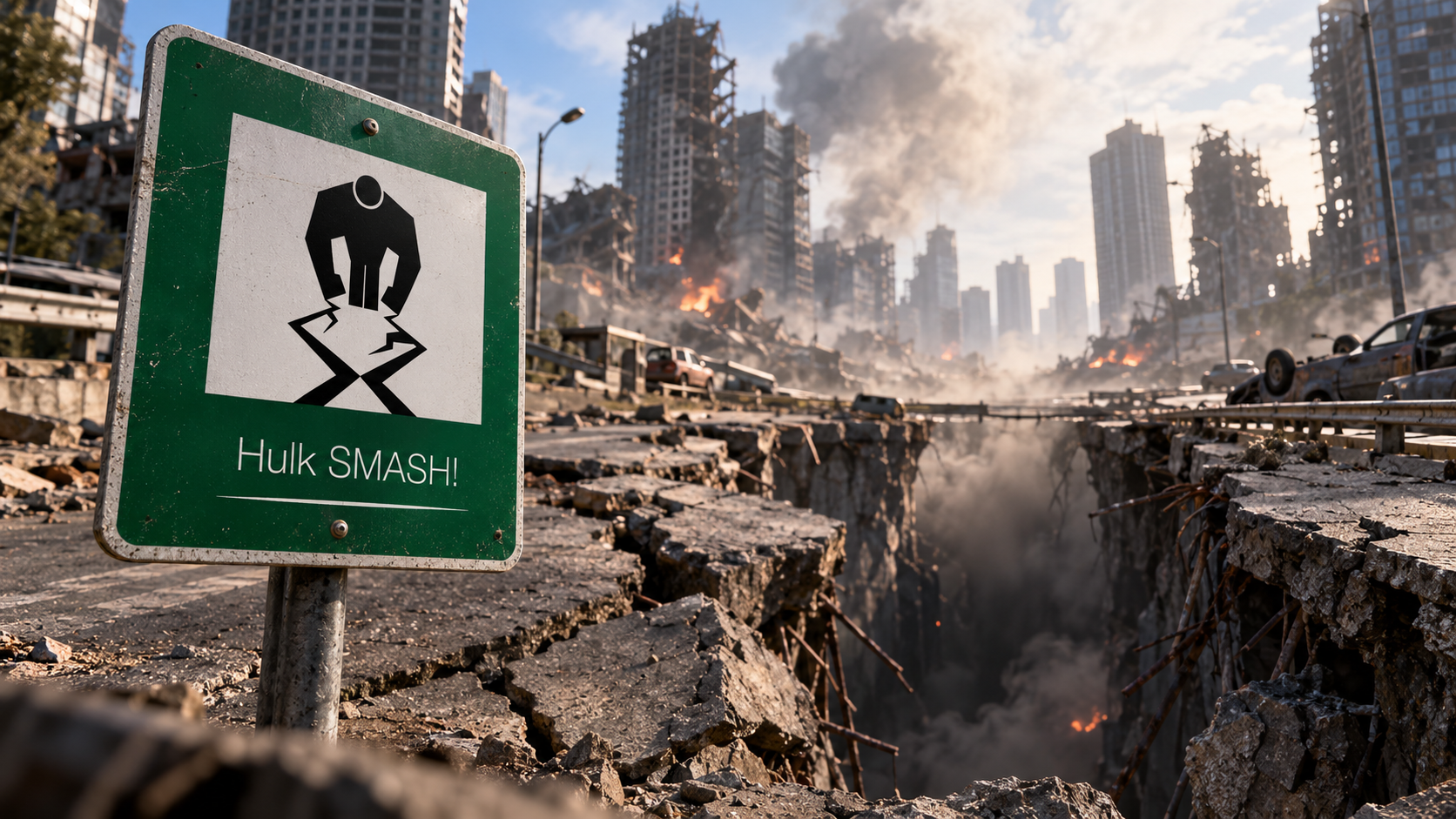 Hulk SMASH, in the broken street